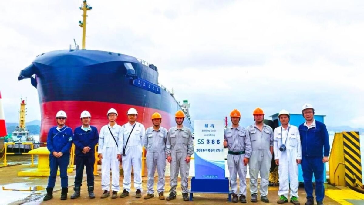 The methanol dual-fuel Kamsarmax bulk carrier Kypros Island docked at a shipyard.