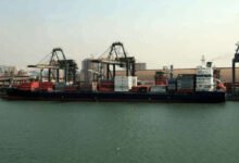 The MSC Hermes III container ship docked at port for inspection and repairs.