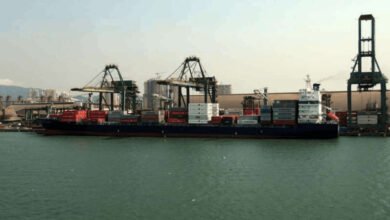The MSC Hermes III container ship docked at port for inspection and repairs.