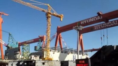 HD Hyundai heavy shipbuilding facility with large cranes and industrial infrastructure.