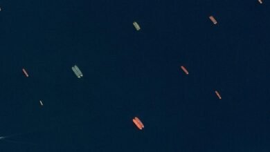 An oil tanker sailing through waters near the Strait of Hormuz during an oil transfer surveillance operation.