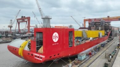 A Jan de Nul cable-laying vessel positioned at sea for subsea infrastructure installation.