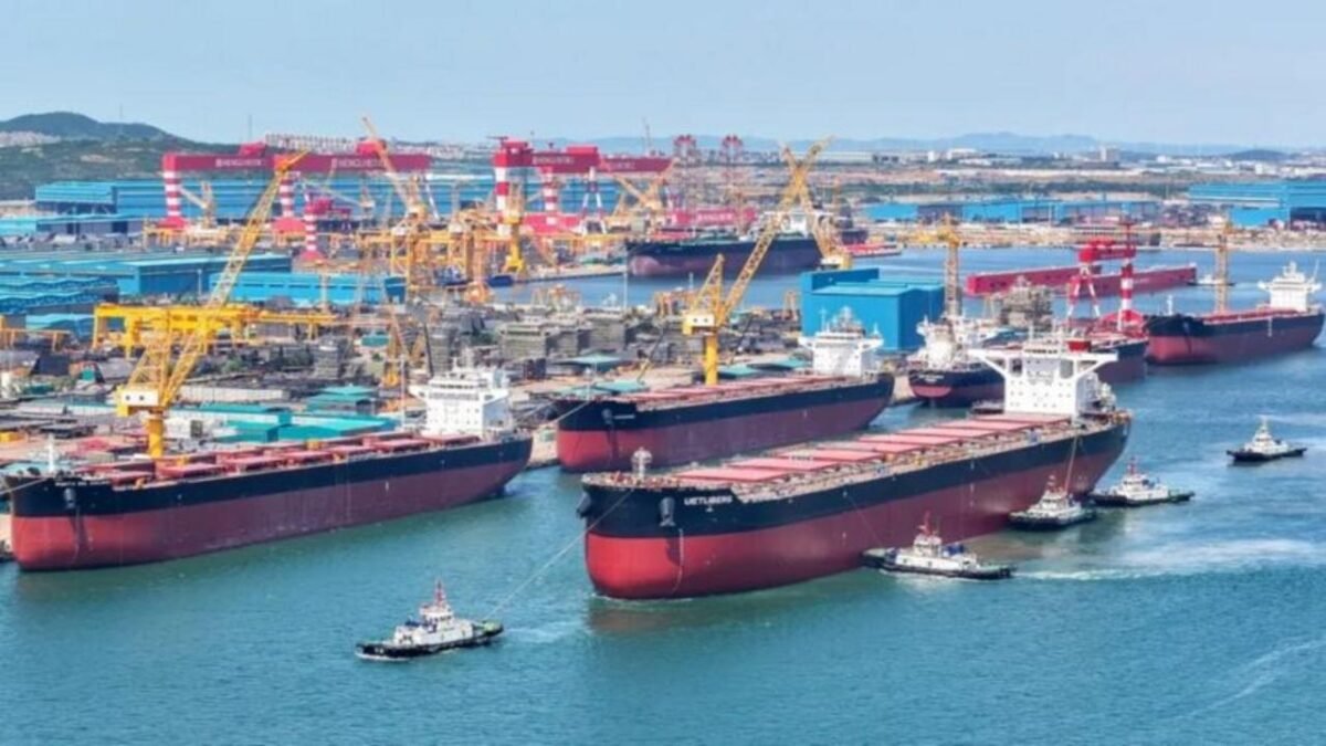 Kamsarmax bulk carrier ships docked at the Hengli Heavy Industries shipyard.