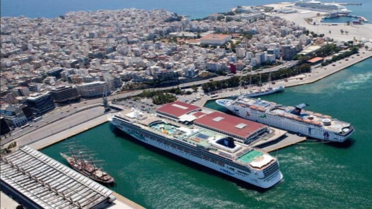 A large cruise ship docked at the Port of Piraeus in Greece.