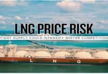 A large LNG carrier vessel on the ocean, symbolizing global liquefied natural gas prices.
