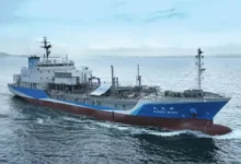 The Kikou Maru, a Japanese hydrogen-powered vessel, on the water.