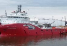 The AHTS vessel Skandi Peregrino sails on the open sea.