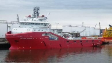 The AHTS vessel Skandi Peregrino sails on the open sea.