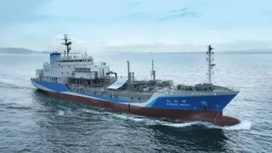 The Kikou Maru, a Japanese hydrogen-powered vessel, on the water.