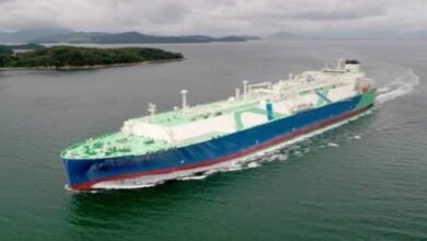 The MISC dual-fuel LNG carrier Th'ailib sails on open water.