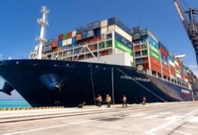 A large CMA CGM container ship laden with cargo at sea.