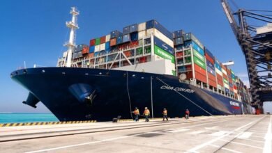 A large CMA CGM container ship laden with cargo at sea.