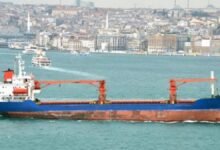 The bulker Able, subject of the drone debris search, sails at sea.