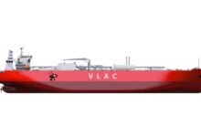 An advanced Very Large Ammonia Carrier (VLAC) ship sailing at sea.