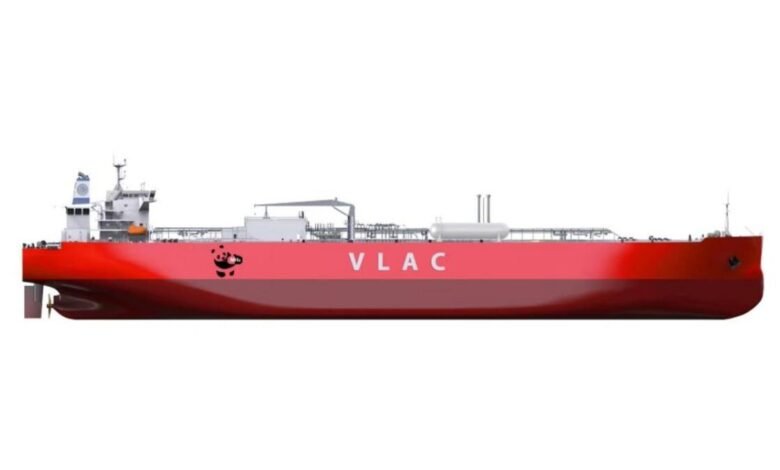 An advanced Very Large Ammonia Carrier (VLAC) ship sailing at sea.