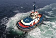 An electric tug representing the AYK Energy and Kongsberg Maritime partnership.