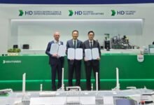 Representatives from ABS, HD KSOE, and Siemens after signing their digital twin partnership MOU.