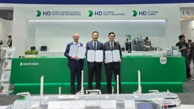 Representatives from ABS, HD KSOE, and Siemens after signing their digital twin partnership MOU.