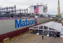 People gather for the christening ceremony of Matson's new Aloha Class containership, Makua.