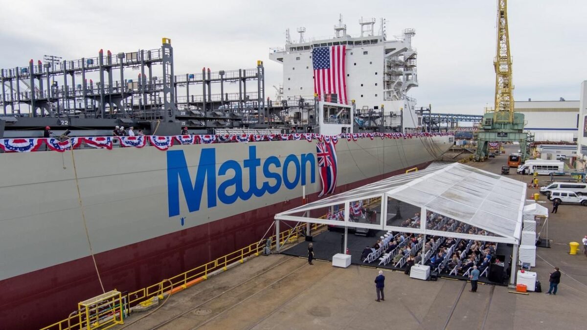 People gather for the christening ceremony of Matson's new Aloha Class containership, Makua.